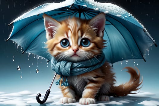 kitten sits under an umbrella, it is raining, snowing. AI generated image.