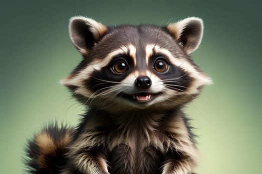 cute raccoon on green background. AI generated image.