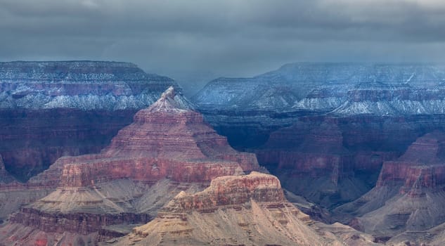 Fresh snow has fallen at the South and North Rims of The Grand Canyon at Grand Canyon National Park, Arizona