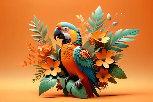 a beautiful colored parrot sits on a branch with flowers, 3D. AI generated image.