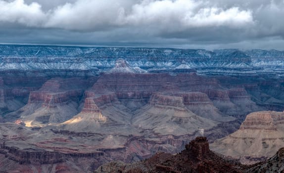 Fresh snow has fallen at the North Rim of The Grand Canyon at Grand Canyon National Park, Arizona