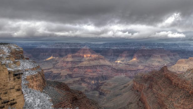 Fresh snow has fallen at the North Rim of The Grand Canyon at Grand Canyon National Park, Arizona