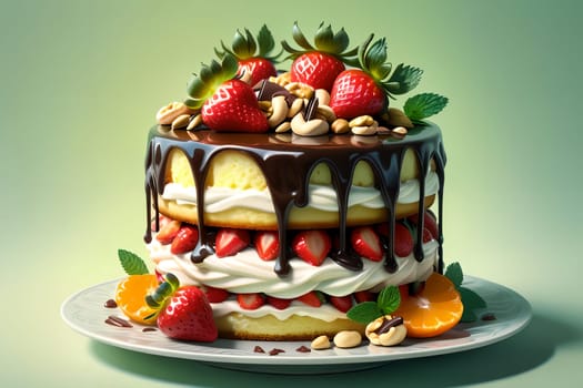fruit cake with strawberry cream, nuts, tangerines isolated on a light green background