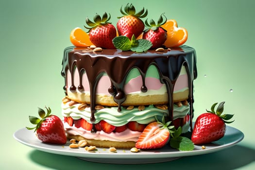 fruit cake with strawberry cream, nuts, tangerines isolated on a light green background