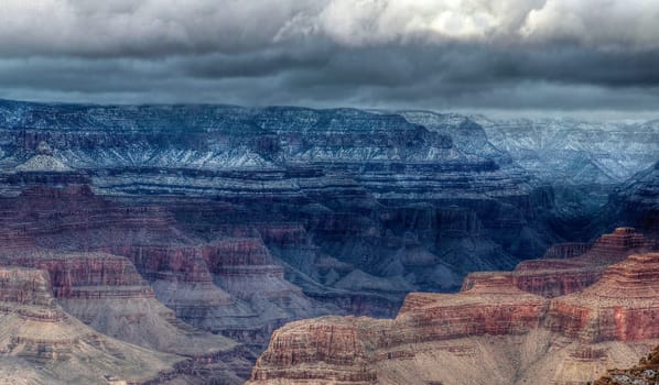 Fresh snow has fallen at the North Rim of The Grand Canyon at Grand Canyon National Park, Arizona
