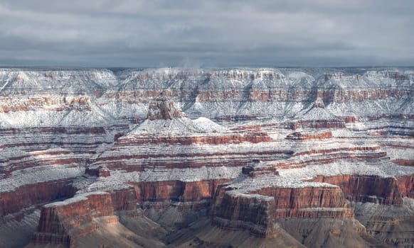 Fresh snow has fallen at the North Rim of The Grand Canyon at Grand Canyon National Park, Arizona