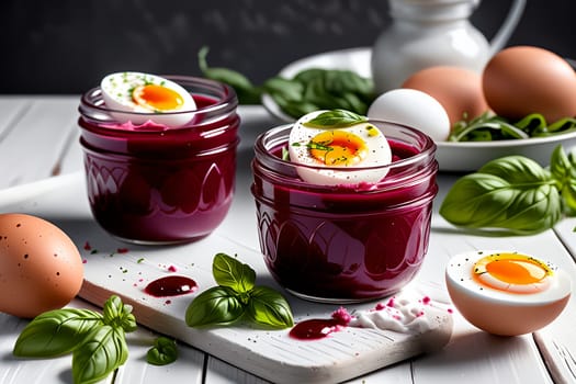 marinated boiled eggs in beet juice with herbs.