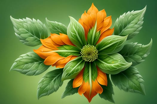 unusual orange flower with green foliage, isolated on green background