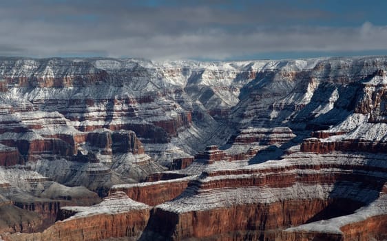 Fresh snow has fallen at the North Rim of The Grand Canyon at Grand Canyon National Park, Arizona