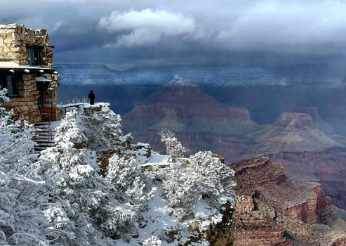 Fresh snow has fallen at the South Rim of The Grand Canyon at Grand Canyon National Park, Arizona