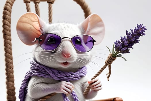 Gray cute cute mouse with lavender flower, isolated on white background