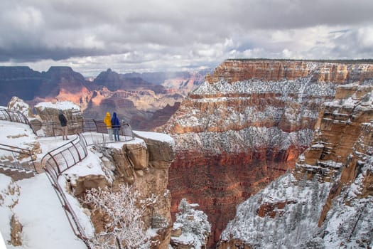 Fresh snow has fallen at the South Rim of The Grand Canyon at Grand Canyon National Park, Arizona