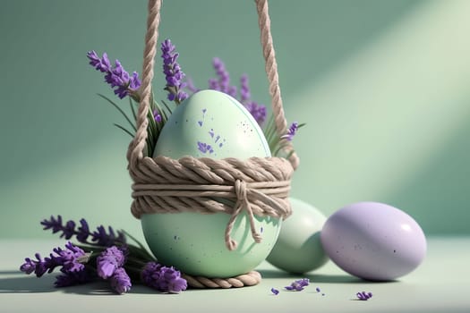 Easter eggs with Lavender flowers isolated on light green background, greeting card