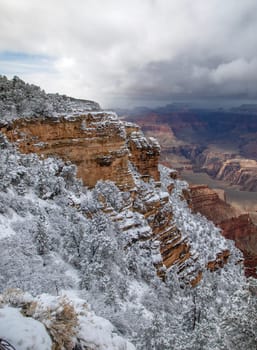 Fresh snow has fallen at the South Rim of The Grand Canyon at Grand Canyon National Park, Arizona