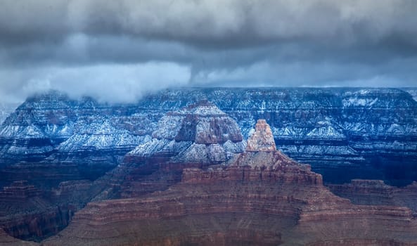 Fresh snow has fallen at the North Rim of The Grand Canyon at Grand Canyon National Park, Arizona