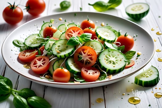 fresh salad with cucumbers and tomato pieces fly in the air above the plate. Oil splashes.