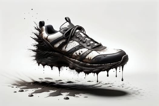 sneaker in a dirty wet puddle, dirt flows off the sneaker.