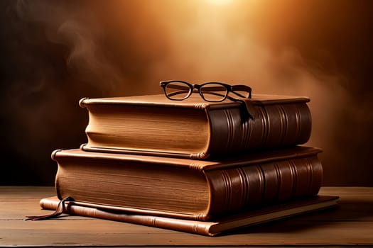 old leather bound books isolated on brown background