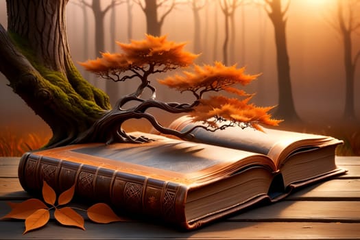 tree growing from a book, leather bound book, isolated on a brown background