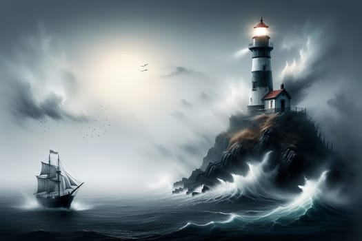 a lighthouse shows the way to a ship in a storm
