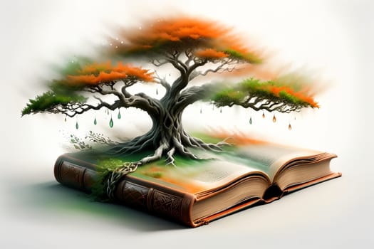 tree growing from a book, leather bound book, isolated on a white background