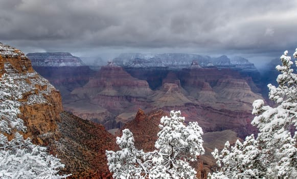 Fresh snow has fallen at the South Rim of The Grand Canyon at Grand Canyon National Park, Arizona