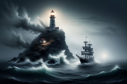 a lighthouse shows the way to a ship in a storm