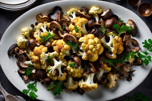 fried cauliflower with mushrooms in a plate with herbs, spices. On a wooden table.