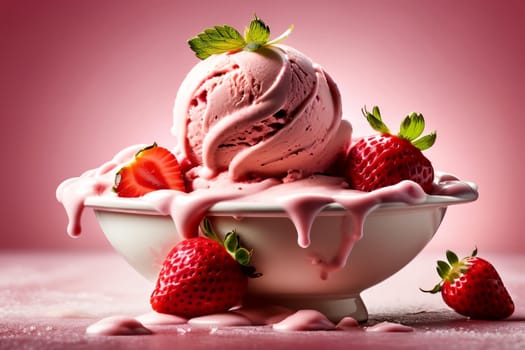 pink cold strawberry ice cream with fresh strawberries