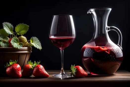 strawberry red wine in a glass and decanter against the background of ripe strawberries on the table.