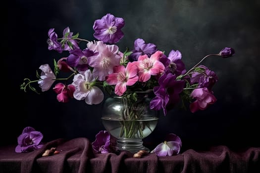 A vase of purple flowers sits on a table with a purple cloth. The scene is serene and calming, with the purple flowers adding a touch of color