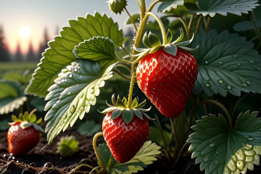 fresh ripe red strawberry growing in the ground .