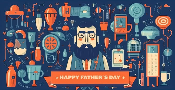 A man's face with a beard and glasses is surrounded by various objects and a clock. The image is titled "Happy Father's Day" and is decorated with hearts and other symbols
