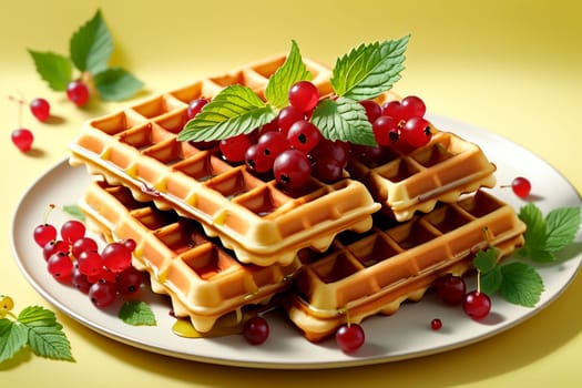 Viennese waffles with ripe red currants in a plate isolated on a yellow background .