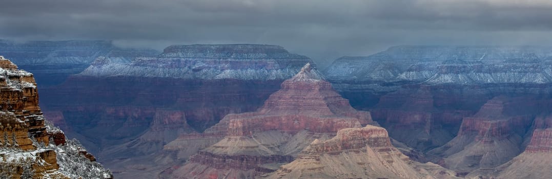 Fresh snow has fallen at the South and North Rims of The Grand Canyon at Grand Canyon National Park, Arizona