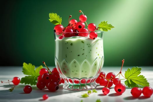 yogurt with ripe red currants in a glass isolated on a green background .
