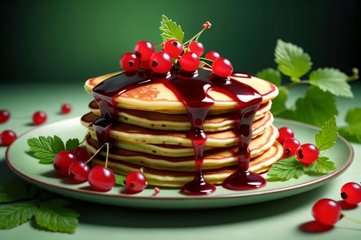 fried pancakes with ripe red currants in a plate .