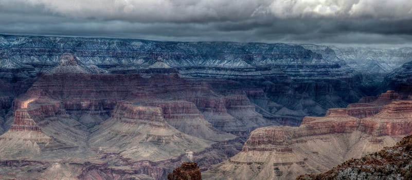 Fresh snow has fallen at the North Rim of The Grand Canyon at Grand Canyon National Park, Arizona