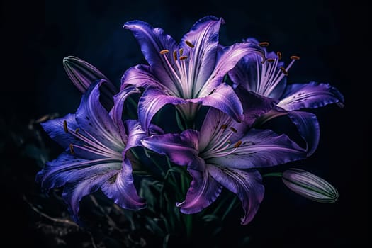 A bouquet of purple flowers with a blue background. Scene is one of beauty and serenity