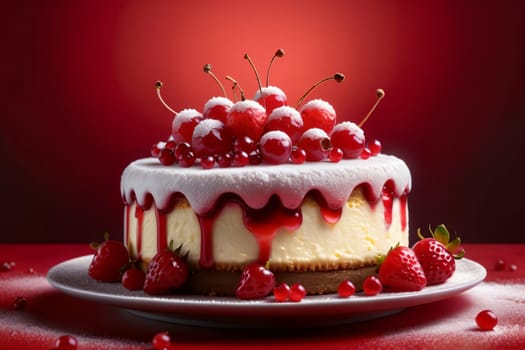 cottage cheese pie with ripe red currants in a plate isolated on a red background .