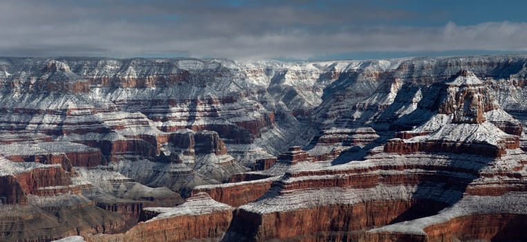 Fresh snow has fallen at the North Rim of The Grand Canyon at Grand Canyon National Park, Arizona