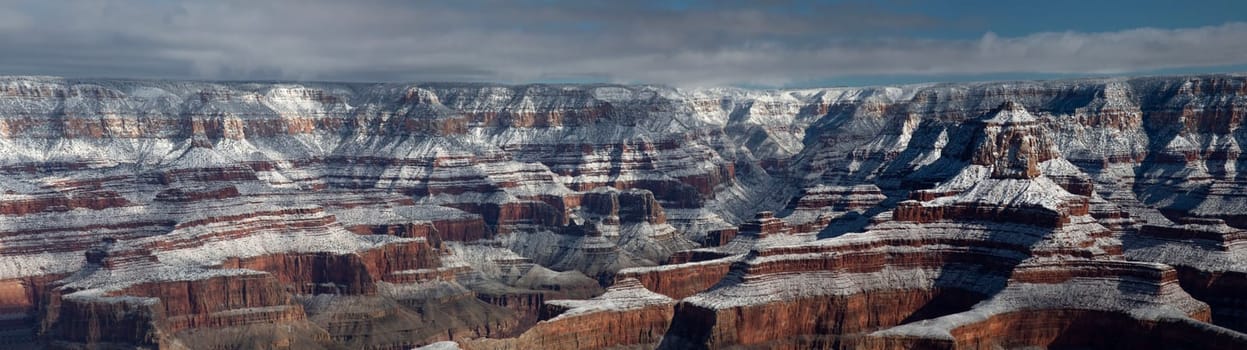 Fresh snow has fallen at the North Rim of The Grand Canyon at Grand Canyon National Park, Arizona