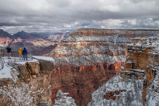 Fresh snow has fallen at the South Rim of The Grand Canyon at Grand Canyon National Park, Arizona