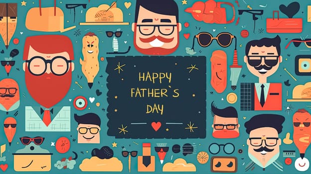 A colorful poster with a man's face on it and the words Happy Father's Day. The poster is full of different faces and objects, including a man with a tie and a man with glasses