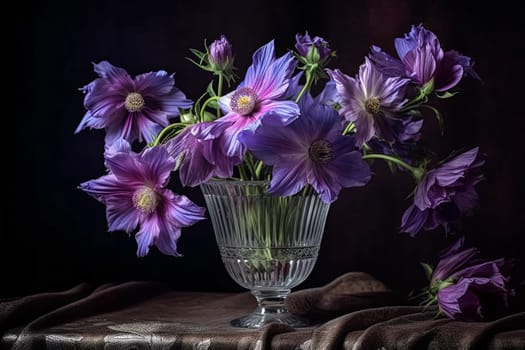 A vase of purple flowers sits on a table with a purple cloth. The scene is serene and calming, with the purple flowers adding a touch of color