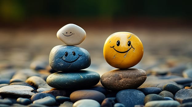 Three smiling rocks on top of each other. The rocks are blue, yellow and white