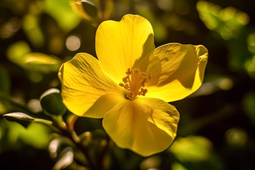 A yellow flower with a droplet of water on it. The flower is in a green field