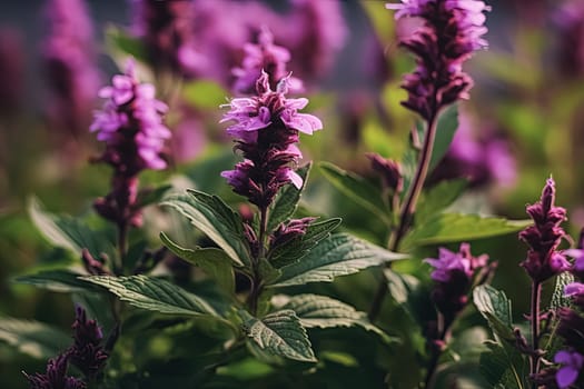 A field of purple flowers with a bright blue sky in the background. The flowers are in full bloom and the sky is clear and sunny