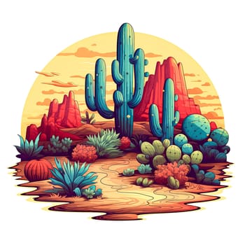 A desert scene with a cactus and mountains in the background. The cactus is surrounded by other plants and flowers, and the mountains are in the distance