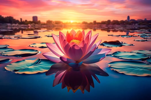 A beautiful pink flower is floating on the surface of a pond. The water is calm and the sky is a warm orange color. Concept of tranquility and peace